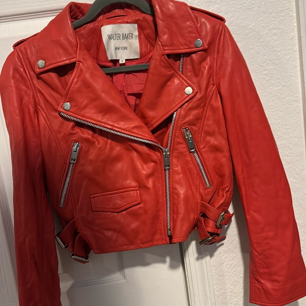 Beautiful bright red real leather jacket , size medium, priced to sell